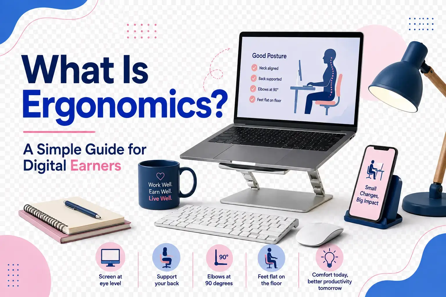 Digital earner ergonomic desk setup with proper posture